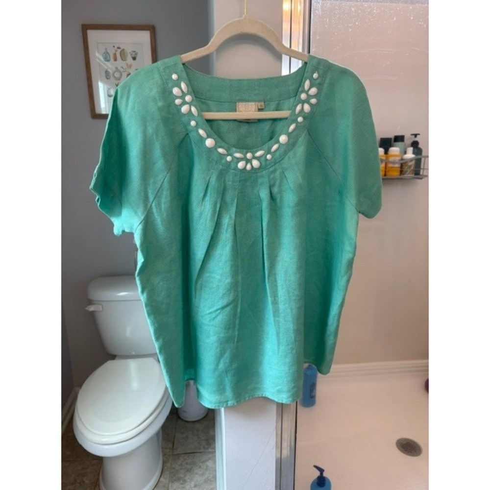 Lantana Casuals 100% Linen Embellished Beaded Neck Blouse Top Aqua XL Coastal